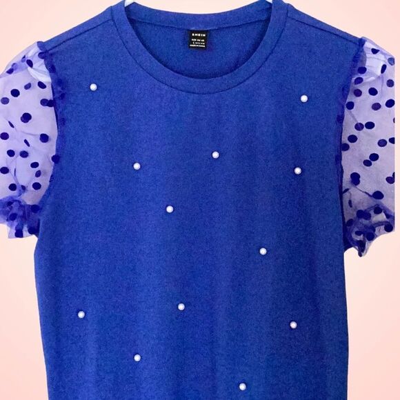 SHEIN NEW POLKA DOT MESH PUFF SLEEVE BLOUSE TOP ROYAL BLUE SIZE 8/10 MEDIUM - Picture 8 of 8